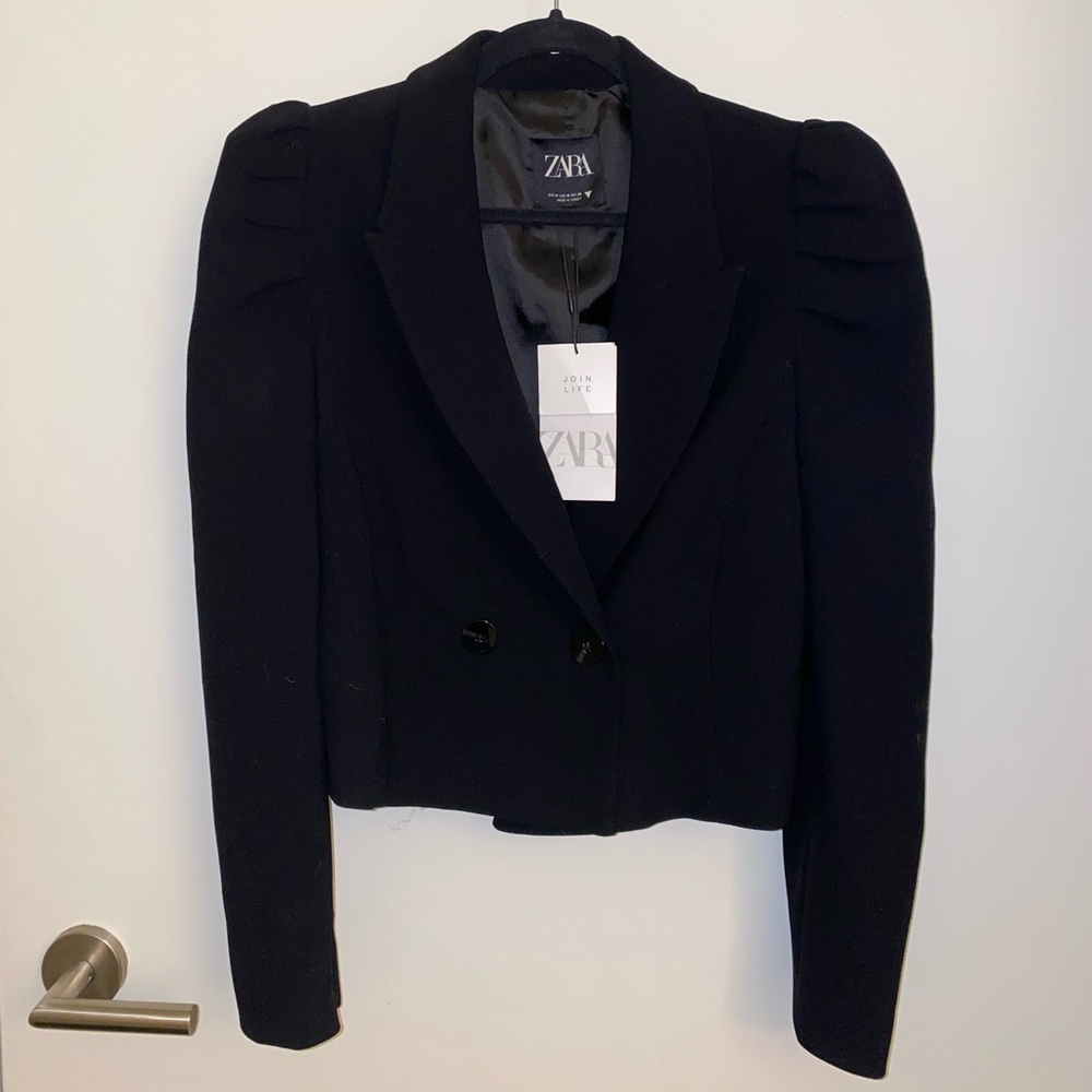 Zara Cropped Blazer With Pouf Shoulders